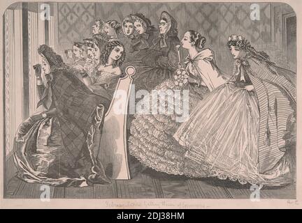 Febbraio - Ladies Gallery House of Commons, Stampa realizzata da Adelaide Claxton, 1858–1905, Inglese, non datato, incisione in legno, foglio: 6 1/2 x 9 1/4 in. (16.5 x 23,5 cm), binocolo, costume, abito, galleria, genere soggetto, Signore, tempo libero, spettatori, Inghilterra, Europa, House of Commons, Londra, Regno Unito Foto Stock