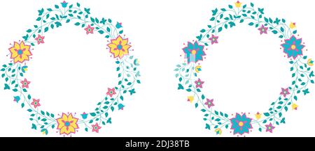 set cornice rotonda di fiori su sfondo bianco. Illustrazione Vettoriale