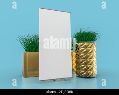 Arrotolare il supporto per striscioni. Mockup su sfondo blu. Rendering 3D. Foto Stock