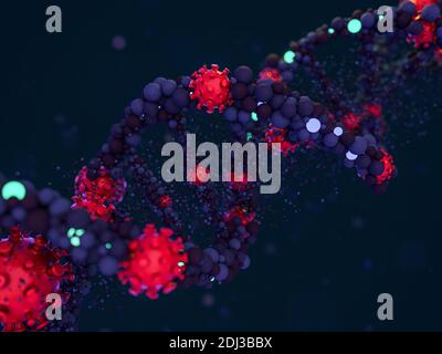 Covid-19. Coronavirus respiratorio patogeno influenza 2019-ncov. Virus attacca il DNA. Rendering 3D Foto Stock