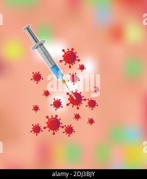 Siringa con il vaccino del virus e i simboli del virus corona su sfondo sfocato. Illustrazione vettoriale con spazio per la copia. Illustrazione Vettoriale