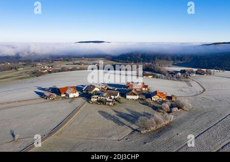 Fattorie in mezzo a prati ricoperti di brina di rombo, paesaggio agricolo, dall'alto, vista aerea, foto del drone, Mondsee, Mondseeland Foto Stock