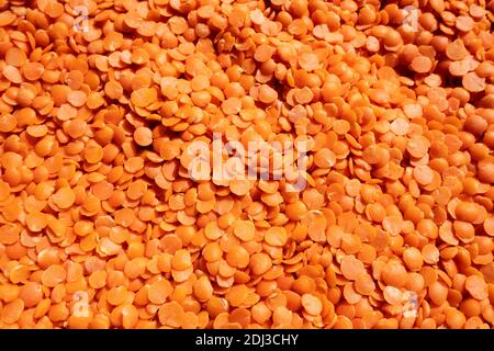 Una vista dall'alto della lenticchia rossa (Masoor dhal) isolato sul pavimento Foto Stock