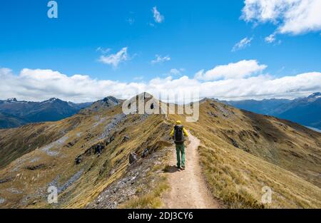 Escursionista su Kepler Track, Great Walk, vista delle montagne Kepler, Fiordland National Park, Southland, Nuova Zelanda Foto Stock