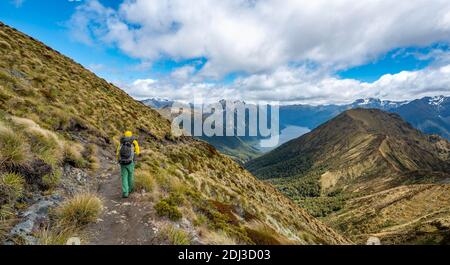 Escursionista su Kepler Track, Great Walk, vista del fiordo sud del lago te Anau, Murchison Mountains sullo sfondo, Fiordland National Park Foto Stock