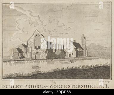 Dudley Priory in Worcestershire, Plate 2, Stampa fatta da M. Coote, attivo 1876, dopo artista sconosciuto, pubblicato da Alexander Hogg, attivo 1778–1824, britannico, prima del 1786, incisione e incisione di linea su carta bianca a grana media, leggermente testurizzata, blured, foglio: 5 13/16 x 7 5/8 pollici (14.7 x 19.3 cm) e immagine: 4 13/16 x 6 13/16 pollici (12.3 x 17.3 cm), archi, soggetto architettonico, architettura, barche, camini (elementi architettonici), nuvole, recinzioni, cancello, erba, fieno, colline, paesaggio, uomini, monastero, montagne, remi, priorato, edificio religioso, fiume, canottaggio, rovine, torre (edificio divisione Foto Stock