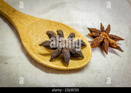 Vista dall'alto dell'anice stellato, comunemente utilizzato per la cottura dei sapori. L'olio all'anice stellato è un olio altamente profumato usato in cucina Foto Stock