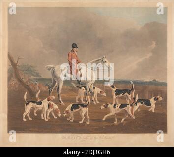 Caccia alla volpe: Il conte di Darlington e la sua volpe Hounds, John Dean, 1754–1798, britannico, dopo Benjamin Marshall, 1768–1835, inglese, 1810, incisione a colori, foglio: 21 3/8 x 25 1/4 poll. (54.3 x 64,1 cm Foto Stock