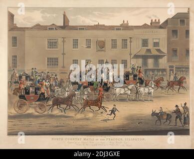 Coaching: North-Country mails at the Peacock, Islington, Thomas Sutherland, ca. 1785–1838, British, After James Pollard, 1792–1867, British, 1823, Aquatint, colore a mano, foglio: 24 3/4 x 32 pollici. (62.9 x 81,3 cm Foto Stock