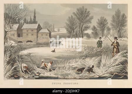 Snipe Shooting, Stampa realizzata da Matthew Dubourg, Active 1786–1838, British, After James Pollard, 1792–1867, British, Published by Jonathan Watson, 1820–1847, British, 1822, Aquatint e incisione con colorazione a mano su carta in wove beige leggermente spessa, foglio: 15 1/16 x 20 13/16 pollici (38.3 x 52.8 cm), piatto: 10 11/16 x 15 15/16 pollici (27.1 x 40.5 cm), e immagine: 8 9/16 x 14 1/16 pollici (21.8 x 35.7 cm), arte animale, rami, braghe (pantaloni), costume, gamberi, ruscello, congelato, cacciatori, caccia, cani da caccia, ghiaccio, paesaggio, giglio, canne, scarpe da equitazione, maniche, fiume Foto Stock