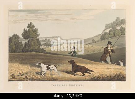 Partridge Shooting, Stampa realizzata da Matthew Dubourg, Active 1786–1838, British, After James Pollard, 1792–1867, British, Published by Jonathan Watson, 1820–1847, British, 1822, Aquatint e incisione con colorazione a mano su carta in wove beige leggermente spessa, foglio: 14 3/4 x 20 7/8 pollici (37.4 x 53 cm), piatto: 10 5/8 x 15 13/16 pollici (27 x 40.2 cm), e immagine: 8 9/16 x 13 15/16 pollici (21.7 x 35.4 cm), agricoltura, arte animale, uccelli, calzoni (pantaloni), costume, gamberi, campi, colline, case, cacciatori, caccia, cani da caccia, paesaggio, pernici, cappotti da equitazione, arte sportiva Foto Stock