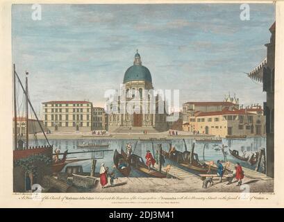 Una veduta frontale della Chiesa della Madonna della Salute appartenente ai Regolari della Congregazione della Somascha con la loro Monastria situata sul Canal Grande di Venezia, Remi Parr, attiva 1723–1750, britannica, dopo artista sconosciuto, (Marieschi, Michael), incisa a mano su carta di wove, datata, foglio: 12 1/2 x 18in. (31.8 x 45,7 cm), soggetto architettonico, barche, canale, chiesa, paesaggio urbano, uomini, donne, Europa, Canal Grande, Italia, Santa Maria della Salute, Venezia Foto Stock