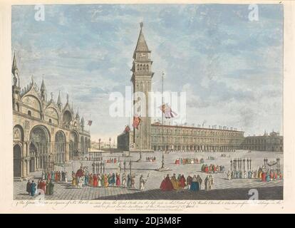 Il Grande luogo o Piazza di San Marco visto dal Grande Orologio. Sul lato sinistro si trova il portale della Chiesa di San Marco. Il magnifico edificio sul lato anteriore sono le abitazioni dei Procuratori di San Marco, Nathaniel Parr, attivi 1742–1751, britannici, dopo artista sconosciuto, (Marieschi, M.), intagliato, intarsio a mano su carta di wove, piatto: 11 1/2 x 15 3/4in. (29.2 x 40 cm) e NON UTILIZZARE: 12 1/2 x 18 pollici. (31.8 x 45,7 cm), chiesa, paesaggio urbano, bandiere, uomini, palazzo, donne, Europa, Italia, Piazzetta di San Marco, Venezia Foto Stock