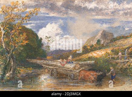 Legname Wagon Crossing a Stream, Samuel Palmer, 1805–1881, inglese, attivo in Italia (1837–39), non satinato, acquerello e gouache su carta spessa, leggermente testurizzata, crema di wove, foglio: 6 7/8 × 8 3/4 pollici (17.5 × 22.2 cm) e immagine: 4 1/4 × 6 pollici (10.8 × 15.2 cm), ponte (opera costruita), nuvole, attraversamento, forgiatura, genere soggetto, paesaggio, buoi, persone, ruscello, legname, alberi, carro Foto Stock