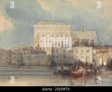 The Banqueting House, Whitehall, dal fiume, George Shepheard, ca. 1770–1842, inglese, ca. 1810, acquerello, grafite, e gouache su moderatamente spesso, moderatamente testurizzato, crema, carta wove, foglio: 9 1/4 × 12 pollici (23.5 × 30.5 cm), soggetto architettonico, Casa di banqueting, Città di Westminster, Inghilterra, Europa, Grande Londra, Londra, Regno Unito, Whitehall Foto Stock