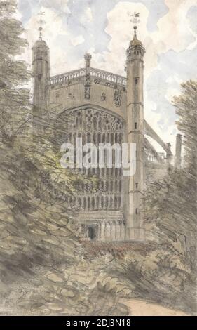 St. George's Chapel, Windsor, West End, 19 luglio 1832, ore 10, Dr. William crotch, 1775–1847, 1832, grafite, acquerello e gouache su terreno, leggermente testurizzato, crema, carta wove, Monte: 12 7/8 × 10 7/16 pollici (32.7 × 26.5 cm), foglio: 8 1/16 × 5 1/8 pollici (20.5 × 13 cm), e Contemporary Drawn Border: 5 15/16 pollici (15.1 cm), soggetto architettonico Foto Stock