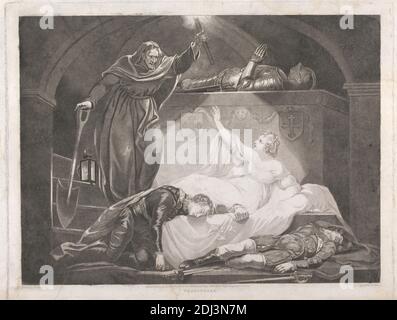 Romeo e Giulietta: Atto IV, scena III (un Monumento appartenente ai Capuleti), Stampa di Peter Simon, 1750–1810, dopo James Northcote, 1746–1831, inglese, 1791, incisione, incisione e acquatinto su carta media, leggermente testurizzata, crema, foglio: 20 1/8 × 29 3/8 pollici (51.1 × 74.6 cm), piatto: 19 3/8 × 25 pollici (49.2 × 63.5 cm), e immagine: 17 3/8 × 23 1/4 pollici (44.1 × 59.1 cm), armatura, morte, frate, lanterna, tema letterario, Romeo e Giulietta, esecuzione di William Shakespeare, pala Foto Stock