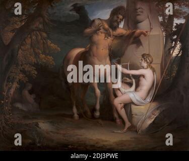 The Education of Achilles, James Barry, 1741–1806, irlandese, ca. 1772, olio su tela, supporto (PTG): 40 1/2 x 50 3/4 pollici (102.9 x 128.9 cm), arte, centauri, bambino, bambini, costume, morte, diagramma, gesto, greco, erma, cavallo (animale), neonato, iscrizione, paesaggio, lira, matematica, uomini, madre, musica, mitologia, soggetto religioso e mitologico, ombra, scudo, lancia, statua, insegnamento, guerra, donna Foto Stock