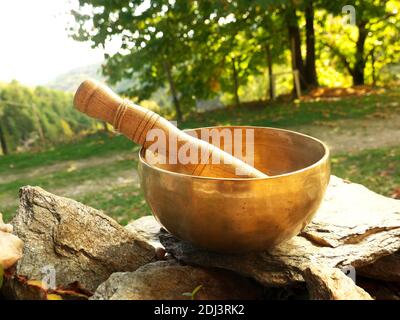 Ciotola di canto posta su ciottoli con la natura sullo sfondo Foto Stock