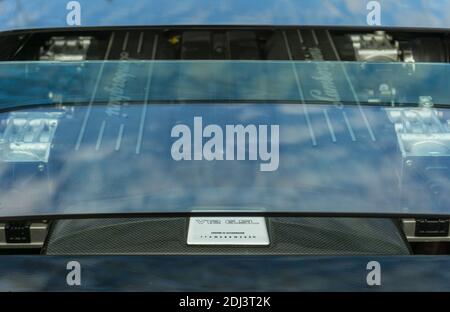 Close up detail of the engine cover and rear window of a yellow Lamborghini Murciélago LP 640 Stock Photo