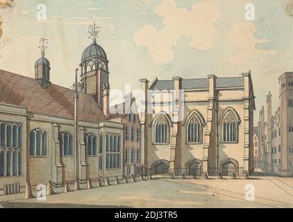 Lincoln's Inn Hall and Chapel, Samuel Ireland, attivo 1760-morto 1800, inglese, tra il 1794 e il 1800, acquerello, grafite, penna e inchiostro nero su carta media, leggermente testurizzata, crema di wove, foglio: 5 × 7 1/8 pollici (12.7 × 18.1 cm) e Monte: × × 31.8 cm (9 12 1/2 22.9 pollici), soggetto architettonico Foto Stock