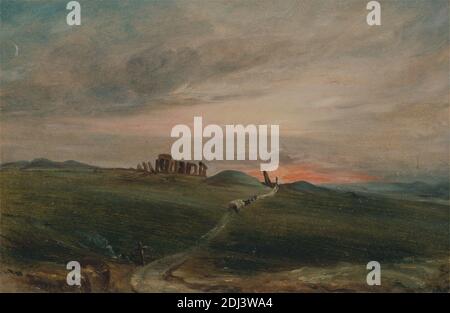 Stonehenge al Tramonto, artista sconosciuto, dopo John Constable, 1776–1837, British, 1836, olio su carta a bordo, supporto (PTG): 7 1/2 x 11 3/16 pollici (19.1 x 28.4 cm), carrozza, terracotta, colline, paesaggio, monumento, percorso, persone, preistoriche, rovine, pietre in piedi, Inghilterra, Stonehenge, Regno Unito, Wiltshire Foto Stock
