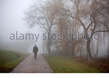 Coburg, Germania. 13 Dicembre 2020. Un uomo fuori a piedi vicino Coburg, questa mattina dove la giornata ha iniziato molto nebbia con pesante copertura nuvolosa. Credit: Clearpix/Alamy Live News Credit: Clearpix/Alamy Live News Foto Stock