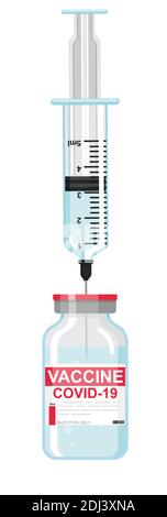 Vaccinazione contro il coronavirus Covid-19 con flaconcino di vaccino e siringa per il trattamento di prevenzione di covid19. Illustrazione Vettoriale