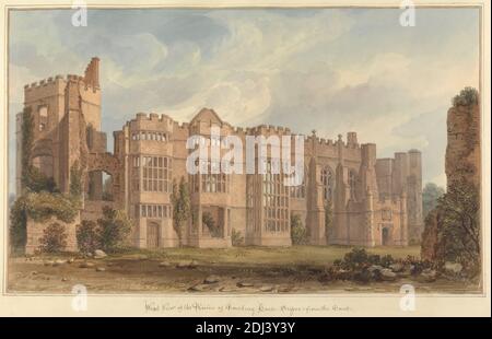 Vista ad ovest delle rovine di Cowdray House, Sussex; da The Court, John Buckler FSA, 1770–1851, British, e John Chessell Buckler, 1793–1894, British, 1825, acquerello e penna e inchiostro nero su carta di wove crema di spessore moderato, foglio: 12 7/8 × 19 3/4 pollici (32.7 × 50.2 cm) e immagine: 10 1/2 × 17 5/8 pollici (26.7 × 44.8 cm), soggetto architettonico, merli, finestre bovindo, casa di campagna, mullions, rovine, Tudor, finestre, Cowdray House, Inghilterra, Europa, Midhurst, Regno Unito, West Sussex Foto Stock