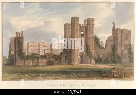 Vista ad ovest delle rovine di Cowdray House, Sussex, John Buckler FSA, 1770–1851, British, e John Chessell Buckler, 1793–1894, British, 1825, acquerello e penna e inchiostro nero su carta di wove crema di spessore moderato, foglio: 13 × 19 3/4 pollici (33 × 50.2 cm) e immagine: 10 1/4 × 17 pollici (26 × 43.2 cm), soggetto architettonico, merli, casa di campagna, mullions, rovine, torre (divisione dell'edificio), Tudor, arco Tudor, Cowdray House, Inghilterra, Europa, Midhurst, Regno Unito, West Sussex Foto Stock