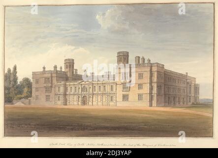 Vista sud-est del castello di Ashby, Northamptonshire; la sede del marchese di Northampton, John Buckler FSA, 1770–1851, British, e John Chessell Buckler, 1793–1894, British, 1815, acquerello e inchiostro nero su carta di wove crema di spessore moderato, foglio: 14 × 19 3/4 pollici (35.6 × 50.2 cm) e immagine: 11 × 17 3/4 pollici (27.9 × 45.1 cm), soggetto architettonico, finestre bovindo, castello, camini, casa di campagna, muli, parapetti, frontone, transomi (finestre), finestre, Ashby Castello, Inghilterra, Europa, Northamptonshire, Regno Unito Foto Stock