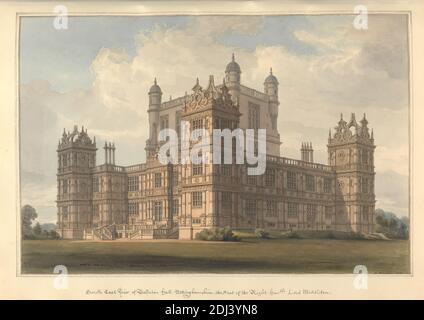 Vista sud-est di Wollaton Hall, Nottinghamshire, la sede della destra onble. Lord Middleton, John Buckler FSA, 1770–1851, British, e John Chessell Buckler, 1793–1894, British, 1812, acquerello, penna e inchiostro nero su carta in wove crema di spessore moderato, foglio: 14 × 19 3/4 pollici (35.6 × 50.2 cm) e immagine: 12 × 18 pollici (30.5 × 45.7 cm), soggetto architettonico, balaustre, casa di campagna, Elizabethan, Jacobean, muli, muntins, pilasters, torrette, finestre, Inghilterra, Europa, Nottinghamshire, Regno Unito, Wollaton Foto Stock