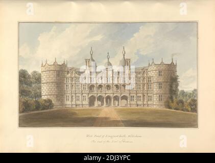 West Front del castello di Longford, Wiltshire la sede del conte di Radnor, John Buckler FSA, 1770–1851, British, e John Chessell Buckler, 1793–1894, British, 1811, acquerello e penna e inchiostro nero su carta di wove crema di spessore moderato, foglio: 14 × 19 3/4 pollici (35.6 × 50.2 cm) e immagine: 9 5/8 × 16 1/4 pollici (24.4 × 41.3 cm), archi, soggetto architettonico, balaustre, merlature, castello, casa di campagna, scuderie olandesi, elisabettiana, finali, giacobino, loggia, nicchie, pilastri, torri, Inghilterra, Europa, Salisbury, Regno Unito Foto Stock