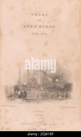 Santa Sofia, Costantinopoli, Edward Francis finden, 1791–1857, inglese, dopo Joseph Mallord William Turner, 1775–1851, inglese, 1833, incisione e incisione, terzo stato su terreno, leggermente testurizzato, beige, carta wove, foglio: 6 1/2 × 4 1/16 pollici (16.5 × 10.3 cm) e immagine: 1/4 × 8.9 cm (2 × 1/2 3 5.7 pollici) Foto Stock
