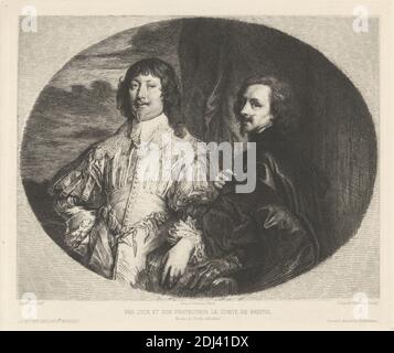 Van Dyck et Son Protecteur le Comte de Bristol, Leopold Flameng, 1831–1911, francese, dopo Sir Anthony Van Dyck, 1599–1641, fiammingo, attivo in Gran Bretagna (1620–21; 1632–34; 1635–41), stampato da Louis Adolphe Salmon, 1806–1895, francese, non trattato, incisione e stampe a secco su carta di spessore moderato, liscia, crema, carta di wove, foglio: 9 13/16 × 11 1/4 pollici (25 × 28.6 cm), piatto: 7 3/16 × 8 1/2 pollici (18.2 × 21.6 cm), e immagine: 6 1/8 × 7 13/16 pollici (15.5 × 19.8 cm), artista, barbe, mantello, colletto, polsini, tendaggi, disegnatore (artista), pizzo, mantello, uomini, moustache, nobile, pittore, patrono, ritratto Foto Stock