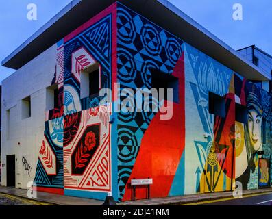 La vivace e colorata Street art dell'artista Shepard Fairey si trova all'esterno di un edificio di Whitby Street Shoreditch London, Regno Unito Foto Stock