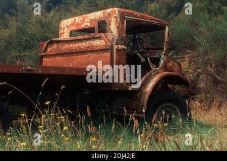 Vecchio carro attrezzi con pianale arrugginito sul campo Foto Stock