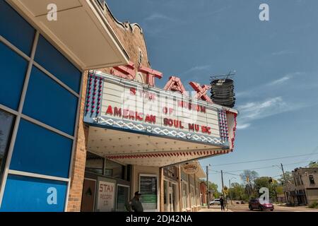 Marquee segno al di fuori della STAX Museum of American Soul, Memphis, Tennessee, Stati Uniti d'America e il suo record di Satellite shop, Foto Stock