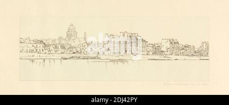 Vista del Pantheon tratto dall'Arsenal, Thomas Girtin, 1775–1802, inglese, dopo Thomas Girtin, 1775–1802, inglese, 1802, contorno inciso su una superficie leggermente spessa, leggermente testurizzata, carta di wove crema, foglio: 18 1/4 x 26 pollici (46.4 x 66 cm), piatto: 8 7/8 x 21 1/4 pollici (22.5 x 54 cm), e immagine: 5 15/16 x 17 3/8 pollici (15.1 x 44.1 cm), soggetto architettonico, Bassin de l'Arsenal, Europa, Francia, Panthéon, Parigi, Senna, Ville de Paris, déamento de, Île-de-France Foto Stock