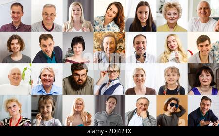 Molti felici etnicità diverse diversi giovani e anziani diversi gruppi di headshots in collage mosaico collezione. Molti volti sorridenti multiculturali che guardano Foto Stock