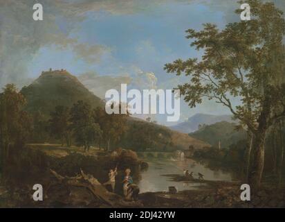 Dinas Bran di Llangollen, Richard Wilson RA, 1714–1782, inglese, attivo in Italia (1750–56), dal 1770 al 1771, Oil on Canvas, supporto (PTG): 71 × 96 3/8 pollici (180.3 × 244.8 cm), ascia, ponte (opera costruita), secchio, castello, costume, casa di campagna, famiglia, forte, fortezza, colline, operai, paesaggio, riciclaggio, uomini, fiume, rovine, pecore, strumenti, valle, villaggio, gallese, donna, Castell Dinas Brân, Chirk, Cymru, Dee, Denbighshire, Regno Unito, Galles Foto Stock