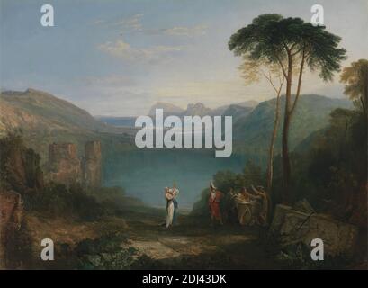 Lago Avernus: Enea e il Cumaean Sibyl, Joseph Mallord William Turner, 1775–1851, britannico, tra il 1814 e il 1815, olio su tela, supporto (PTG): 28 1/4 x 38 1/4 pollici (71.8 x 97.2 cm), visita di Enea al mondo sotterraneo, armatura, castello, città, costume, oscurità, epiche, colline, lago, paesaggio, leggenda, uomini, mitologia, montagne, Poema, rilievo, soggetto religioso e mitologico, romano, rovine, rovine, scudo, soldati, l'arrivo di Enea a Cumae, dove si consultano Deifobo, il Cumaean Sibyl, che preannuncia le guerre di Enea in Lazio, donna, Averno, Lago d', Averno, Lago d', Lago, Campania, Cumae, Italia Foto Stock