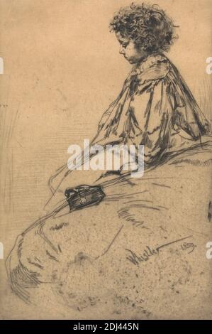 Bibi l'alouette, Stampa fatta da James McNeill Whistler, 1834–1903, americano, attivo in Gran Bretagna (dal 1859), 1859, incisione e punto di essiccazione su carta media, liscia, beige, foglio: 12 1/8 x 8 1/8 pollici (30.8 x 20.6 cm), piatto: 9 x 6 pollici (22.9 x 15.2 cm), e immagine: 22.9 x 15.2 cm, bambino, colletto, ragazza, abito da notte, ritratto Foto Stock