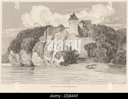 Castello a Tancarville, Stampa fatta da John Sell Cotman, 1782–1842, inglese, dopo John Sell Cotman, 1782–1842, inglese, pubblicato da John Sell Cotman, 1782–1842, inglese, e John & Arthur Arch, attivo 1810–1827, inglese, 1821, incisione su carta di wove di crema moderatamente spessa, leggermente testurizzata, foglio: 14 3/16 x 20 1/8 pollici (36.1 x 51.1 cm), piatto: 10 3/16 x 14 7/16 pollici (25.8 x 36.6 cm), e immagine: 8 3/4 x 13 7/16 pollici (22.3 x 34.1 cm), soggetto architettonico, architettura, barche, edifici, castello, scogliere, costa, case, paesaggio, fiume, rive del fiume, riva (forma di terra), alberi, torretta (torre Foto Stock