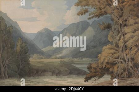 Vista a Borrowdale of Eagle Crag and Rotthwaite, Francis Towne, 1740–1816, inglese, non satinato, acquerello con inchiostro penna e marrone e penna e inchiostro grigio su carta media, leggermente testurizzata, panna, foglio: 8 3/8 x 13 1/4 pollici (21.3 x 33.7 cm) e contorno disegnato contemporaneo: 11 1/2 x 16 1/4 pollici (29.2 x 41.3 cm), paesaggio, montagne, fiume, cielo, alberi Foto Stock