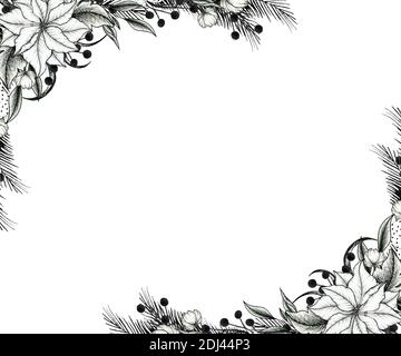 Carta d'epoca natalizia, cornice floreale invernale disegnata a mano con fiori di poinsettia e rami di abete per le carte di Natale, i saluti o gli inviti Foto Stock