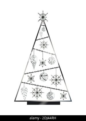 Albero di Natale nero e bianco fantasia design isolato su bianco, bella decorazione di Natale per le schede di Natale, saluti o disegni Foto Stock