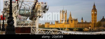 LONDRA, Regno Unito - 20 SETTEMBRE 2009: Vista panoramica del London Eye, del Big ben e del Parlamento Foto Stock