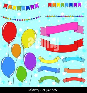 Set di palloncini isolati di colore piatto su corde. Set di ghirlande e nastri di striscioni Illustrazione Vettoriale