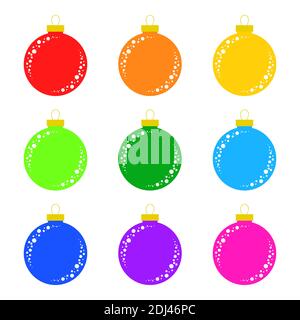 Set di giocattoli isolati e colorati piatti dell'albero di Natale. Le sfere di decorazione sono rosse, arancioni, gialle, verdi, blu, viola, rosa. Illustrazione Vettoriale